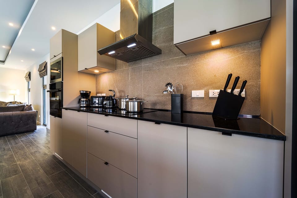 Full-size fridge, microwave, oven, stovetop