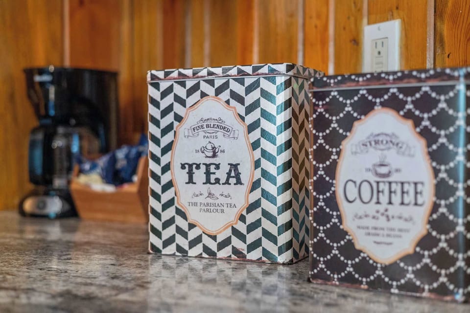 The kitchen is always stocked with coffee, tea, cream and sugar.