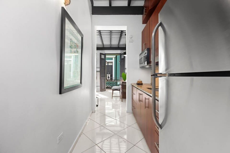 You are greeted by the fully equipped kitchen.