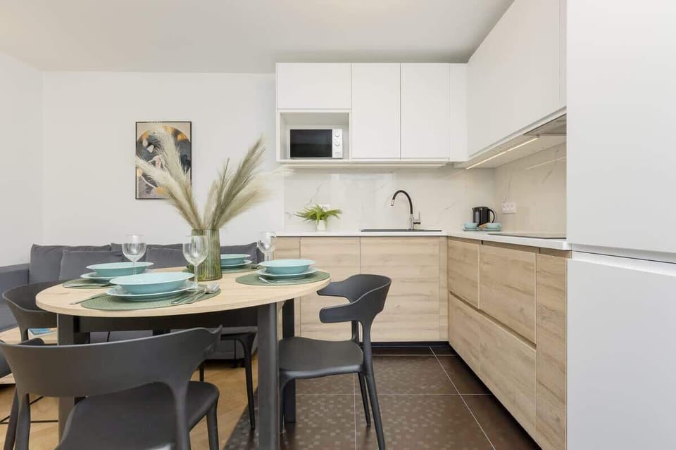 Kitchenette with induction hob, fridge with freezer, microwave oven, electric kettle and dining table