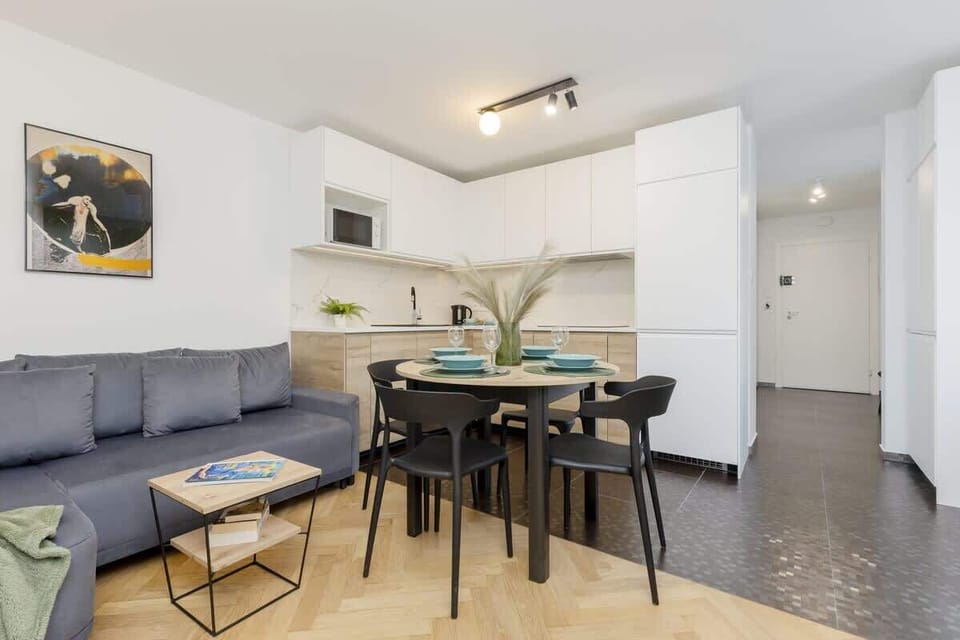 Living area equipped with double sofa bed, TV with cable channels and Smart TV function and kitchenette