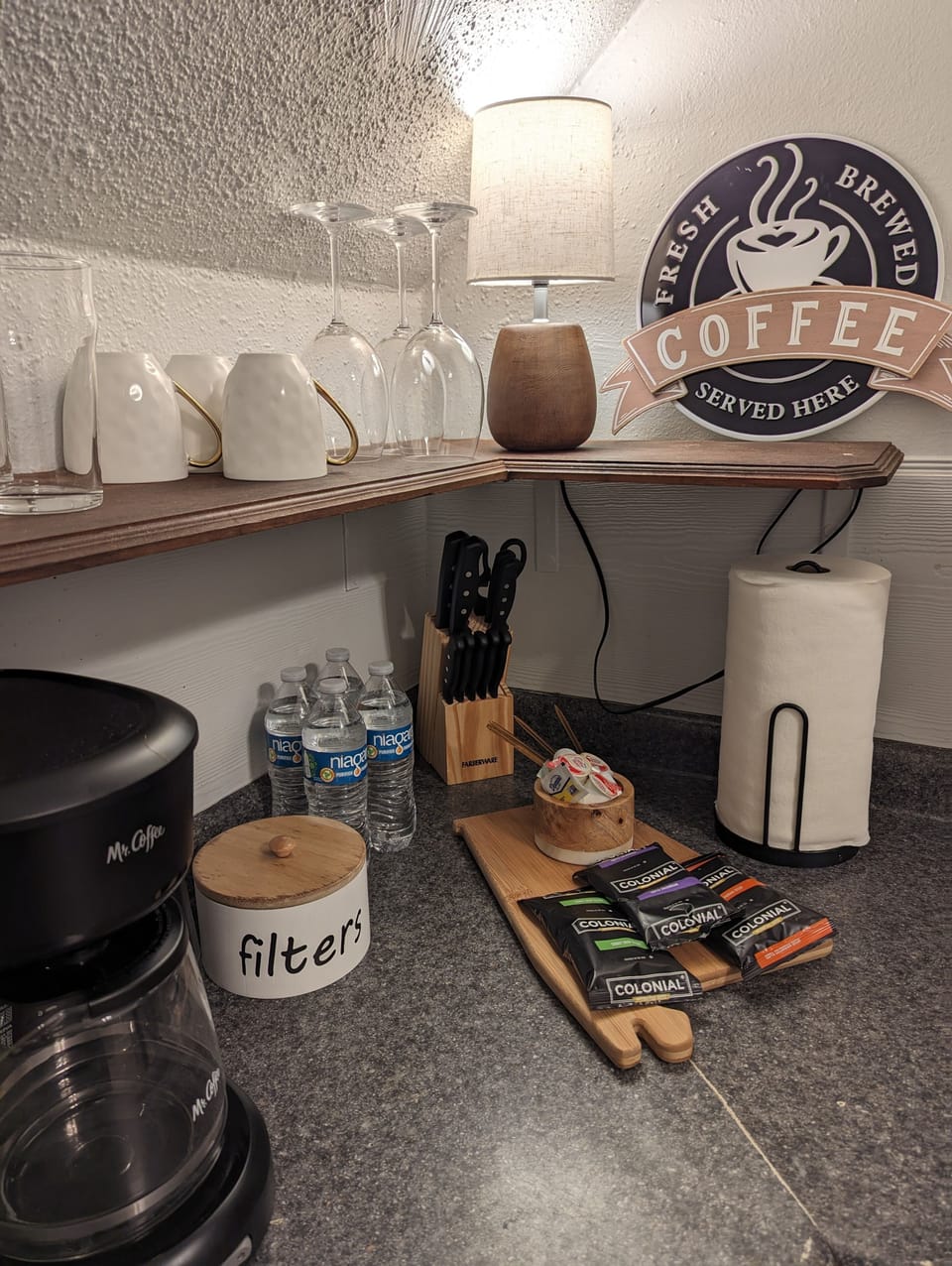 coffee, creamer, and sweeteners provided