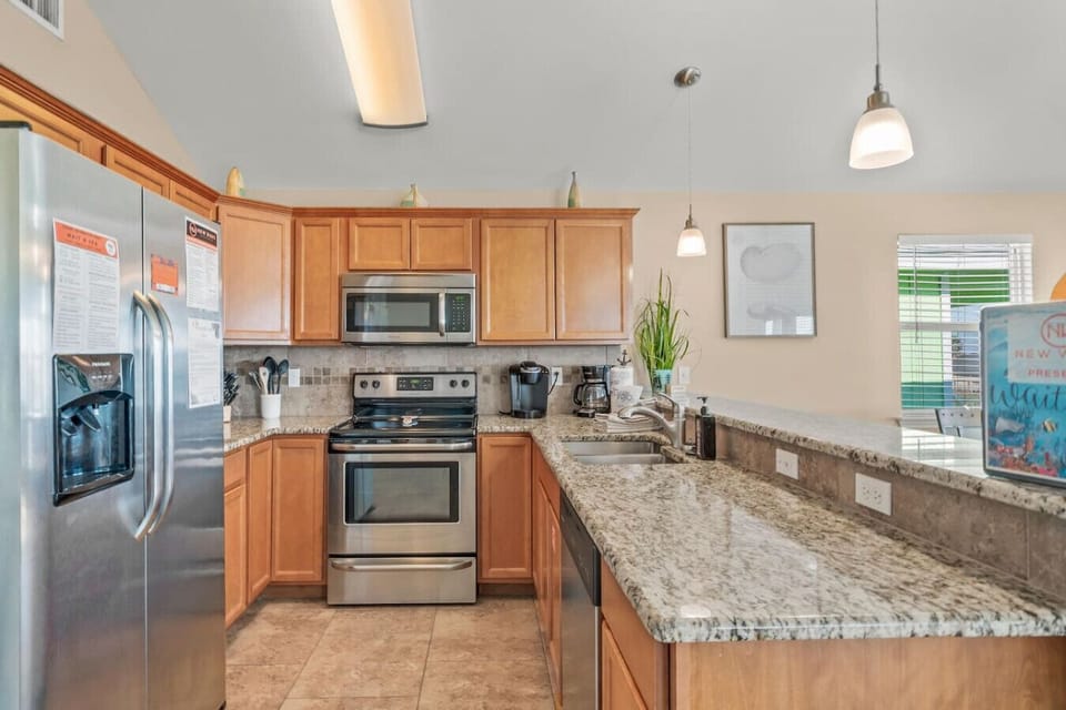 Stainless steel appliances and plenty of counter space.