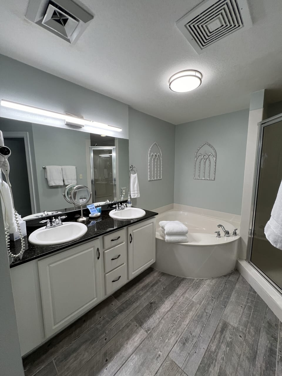 Master bath with walk-in shower and soaking tub