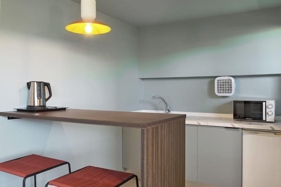 Fridge, microwave (on request), stovetop, cookware/dishes/utensils