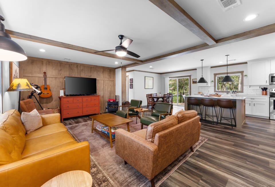 Comfortable couches, board and card games, and more in the living area