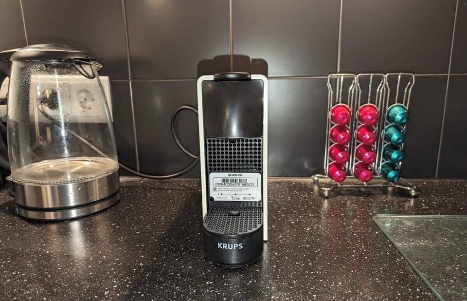 Coffee and tea facilities, an egg boiler, microwave and a toaster are provided. Glassware and crockery, a selection of teas as well as Nespresso cups are also included.