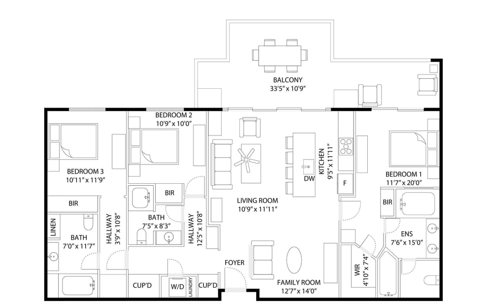 Floor plan showing a spacious three-bedroom layout with open living spaces, modern kitchen, ensuite bath, and your private balcony for relaxing outdoors.