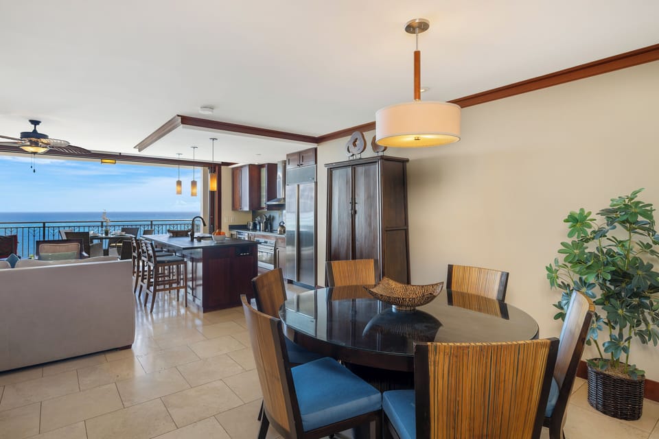 The dining area has dining table for six.