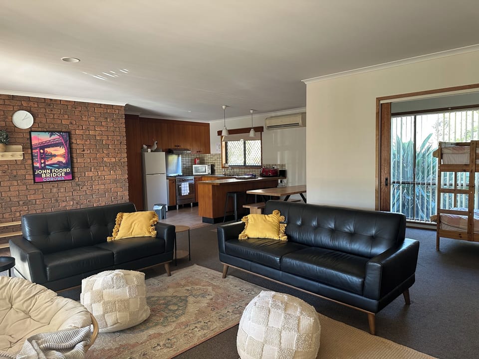Open kitchen, dining and lounge room.