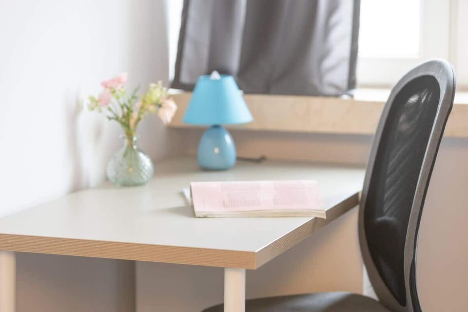 A charming workspace setup with a pastel blue lamp, fresh flowers, and an open notebook, creating an inviting and peaceful study environment.







