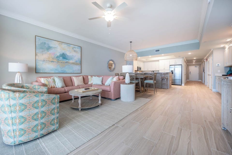 Imagine curling up in the patterned armchair by the coffee table and feeling the relaxing coastal vibe