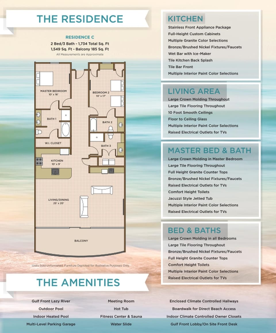 Explore this spacious 2 bedroom layout with 3 baths, laundry closet, and balcony on the beach