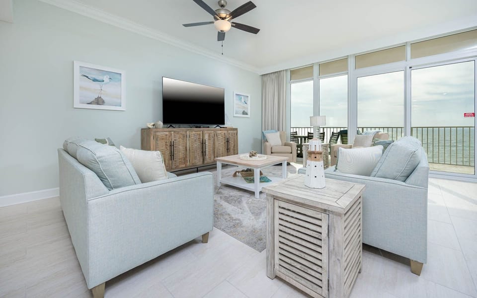 Sink into a plush seating, stream favorite shows on the TV, and watch the gulf sparkle from the balcony