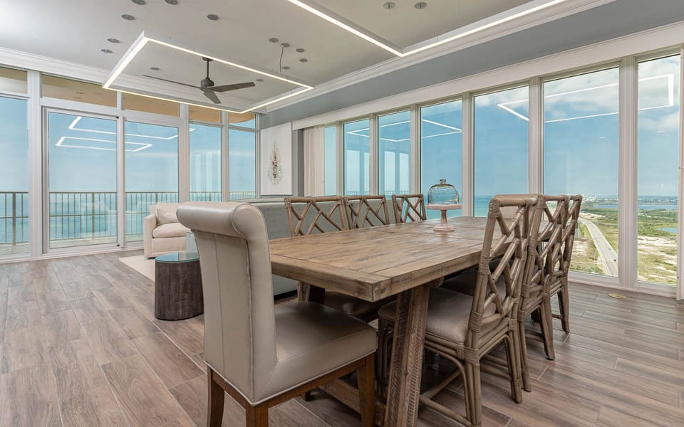 Enjoy a fun family game night in this stylish space with panoramic views of the coast to create lasting memories