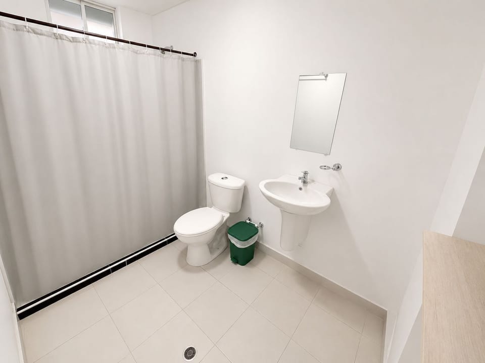 Bathtub, towels, soap, toilet paper