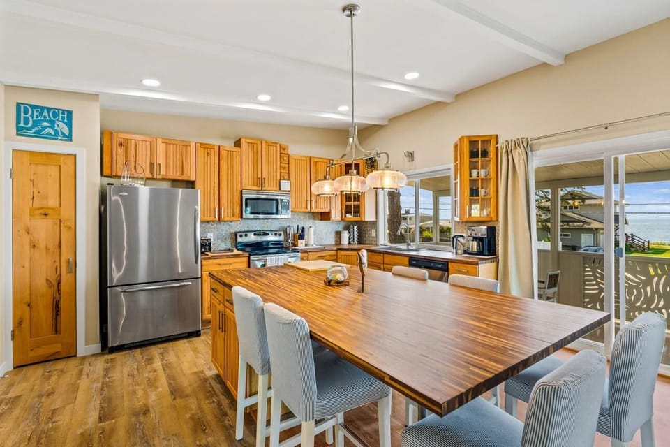 large kitchen with water view