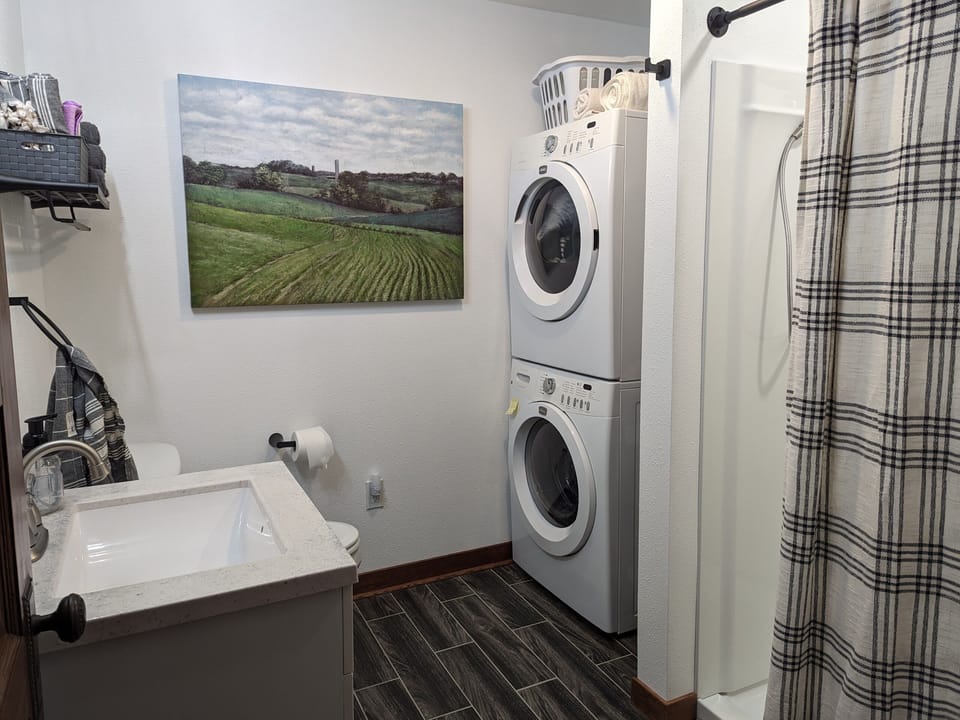 Full bath with shower and washer/dryer combo