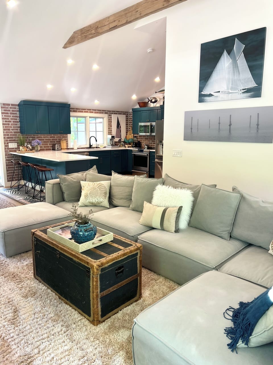 Great room features, designer sectional cathedral ceilings.