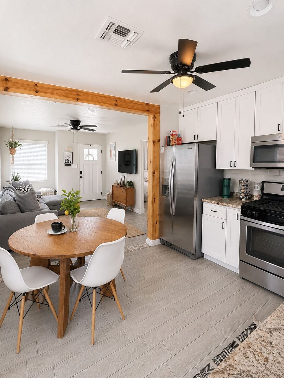 Kitchen space and beautiful dining table for four.
