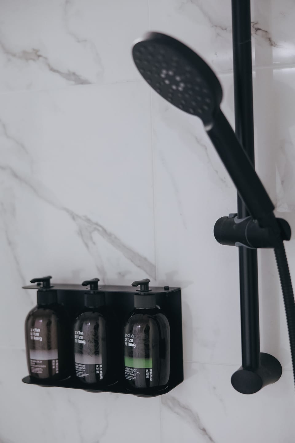 Shower, rainfall showerhead, hair dryer, towels