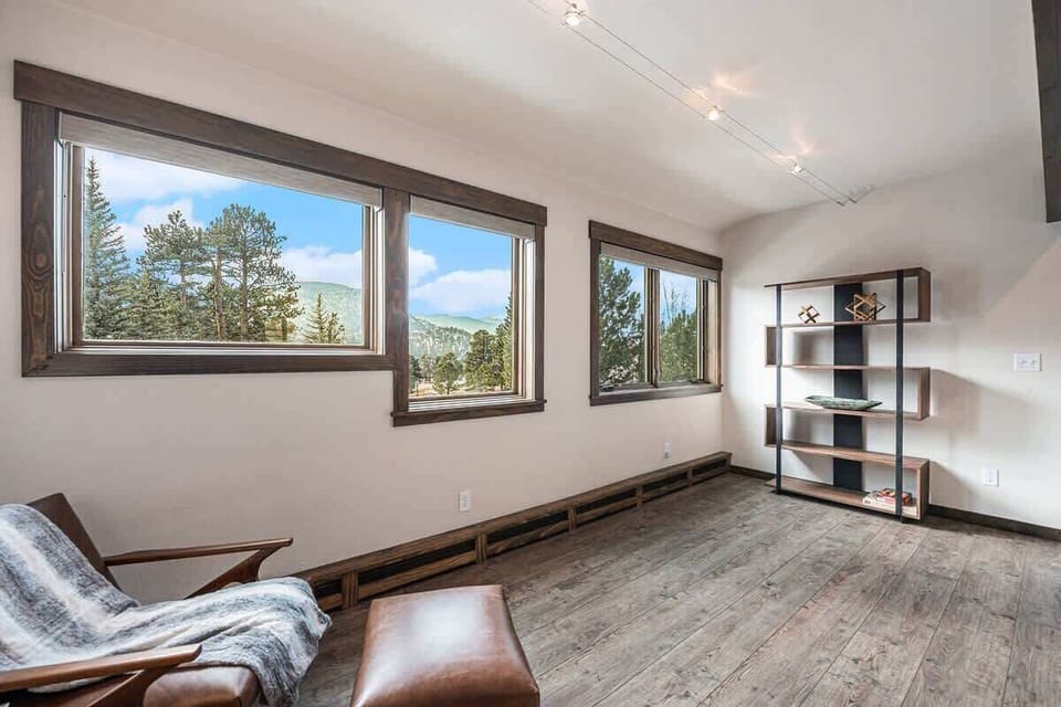 Reading nook with modern bookshelf.
