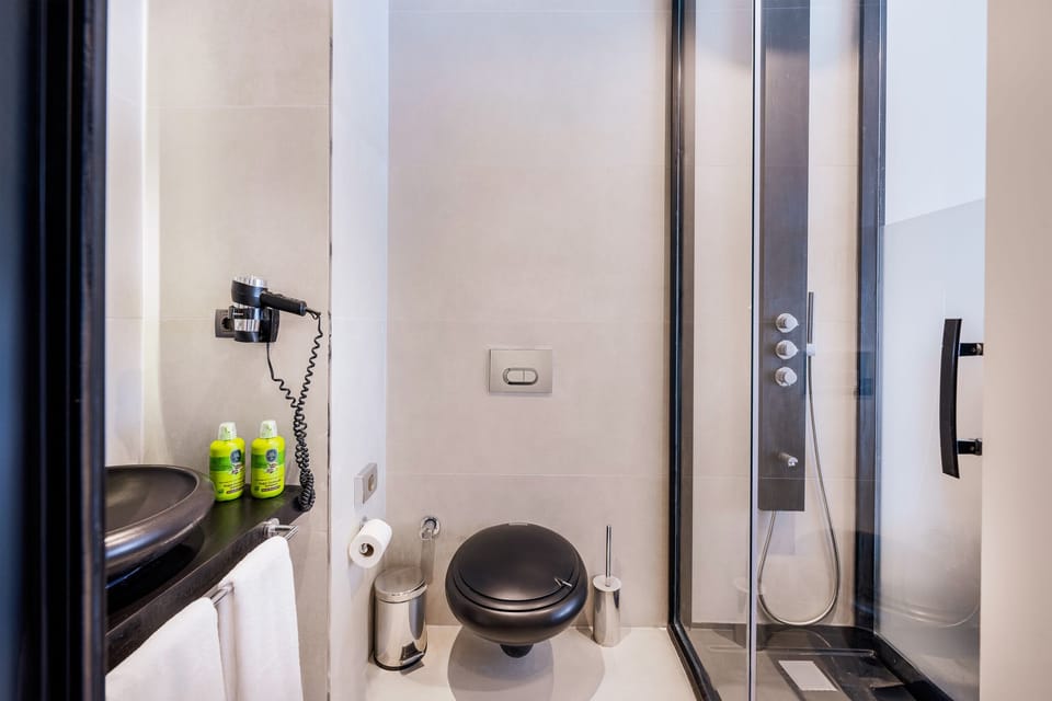 Shower, rainfall showerhead, eco-friendly toiletries, hair dryer