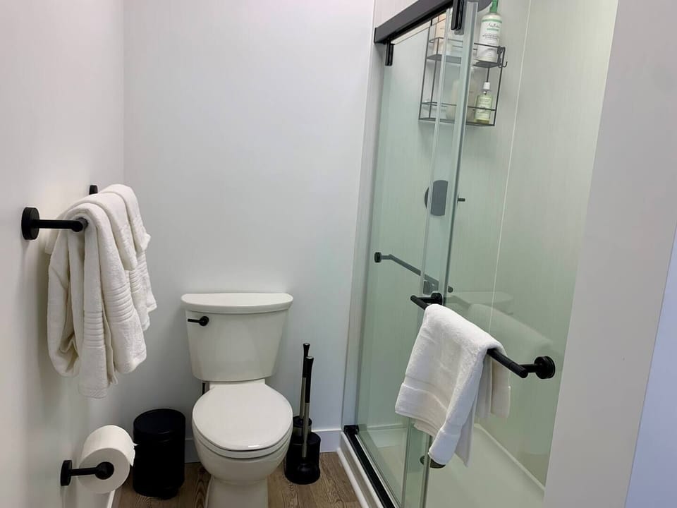 Primary suite glass enclosed shower features shampoo, conditioner and body wash.