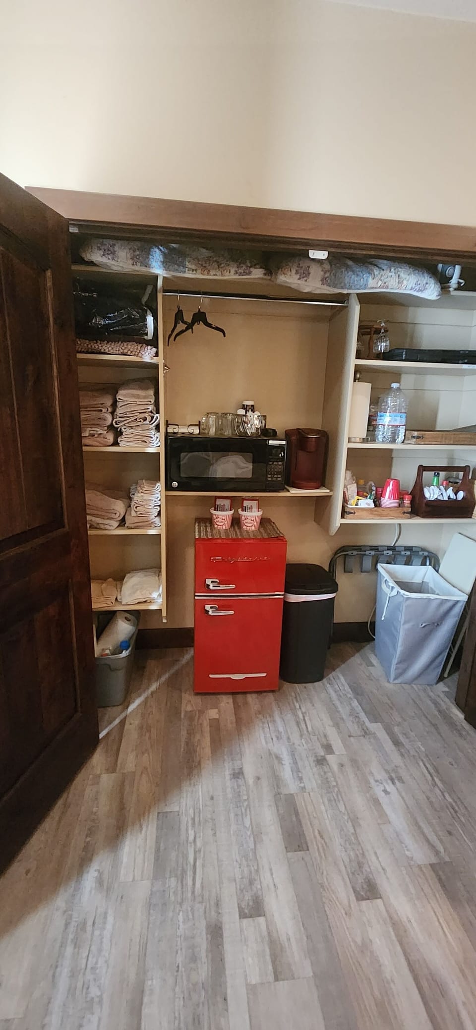 Amenities located inside closet. Coffe maker, Microwave and Mini Fridge.