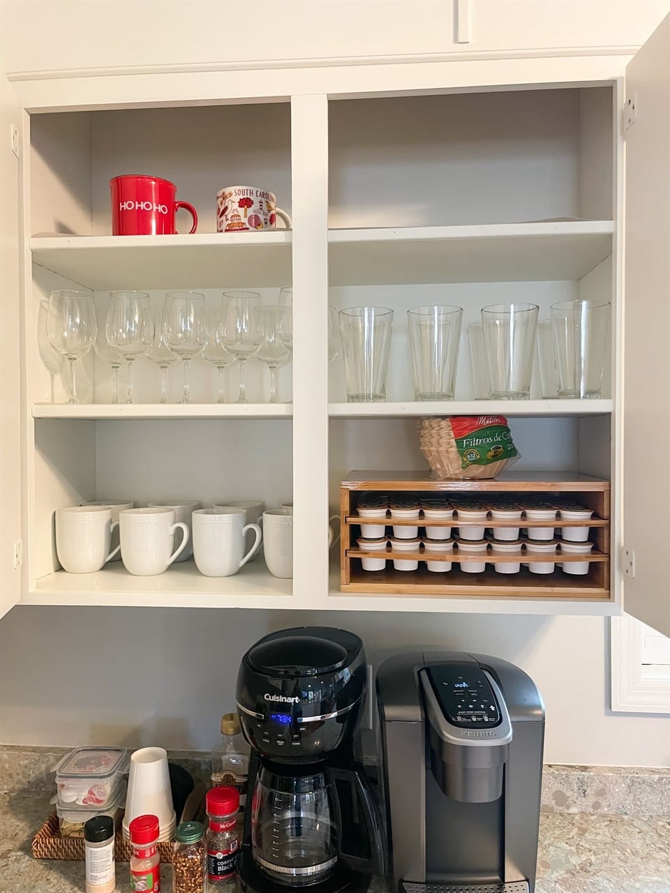 The kitchen comes equipped with a Keurig as well as K-cups from Charleston Coffee Roasters.  We include starter cream and sugar as well.