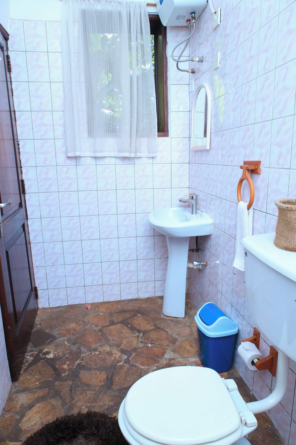 Shower, slippers, towels, soap
