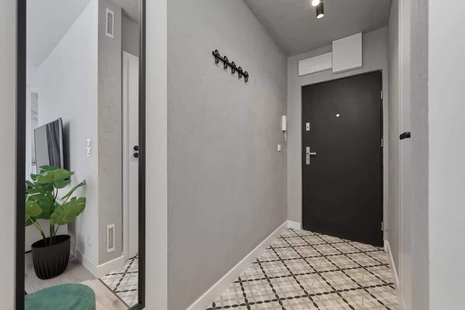 A hallway with a dark entrance door, coat hooks, and a patterned runner rug.
