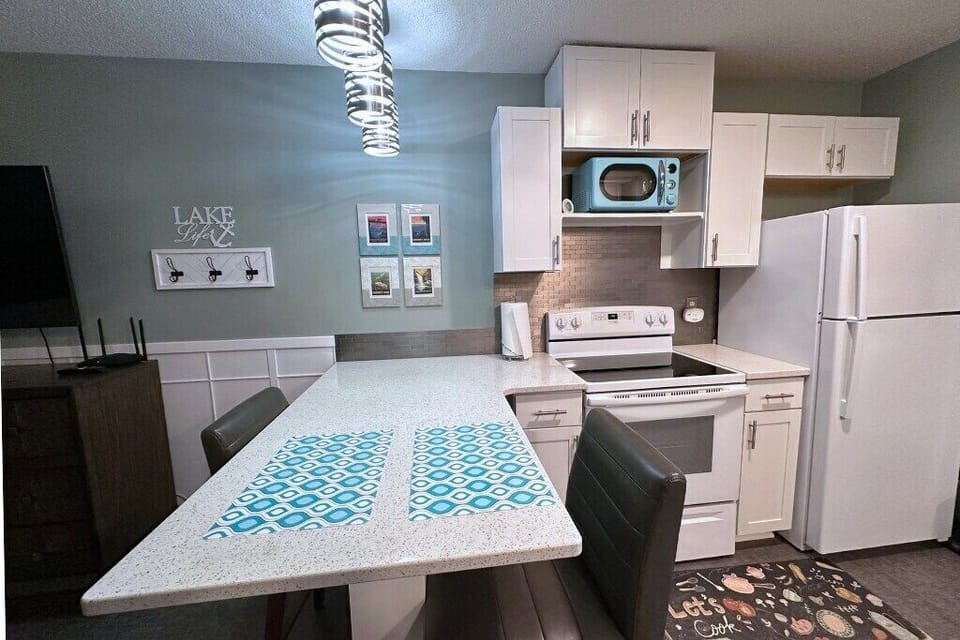 kitchen island counter has seating for 2