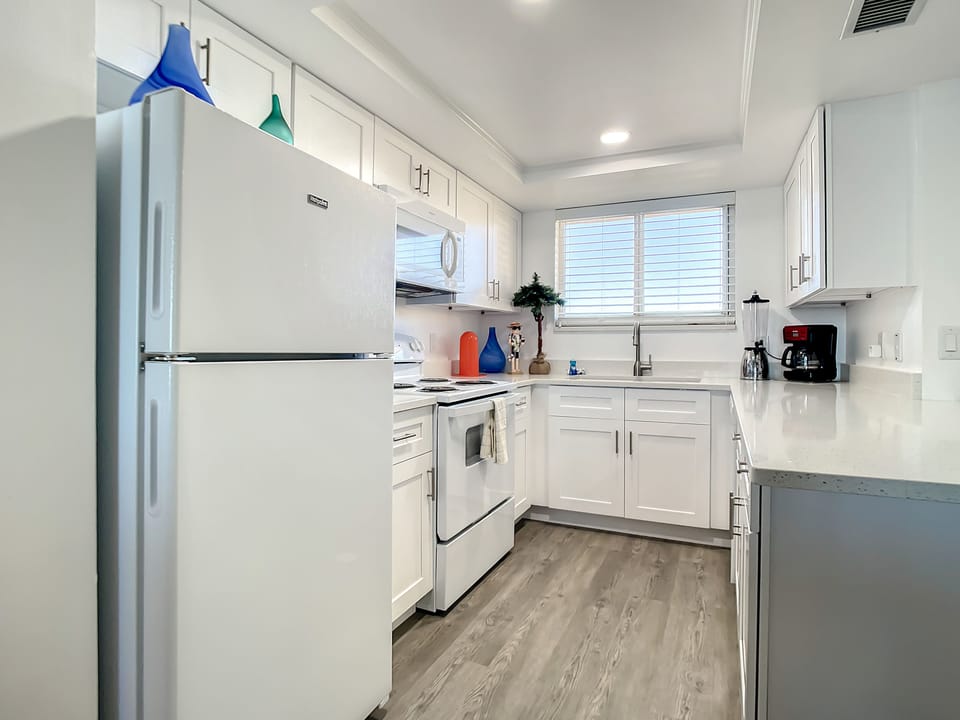 Fully equipped modern kitchen with ample counter space, large appliances, and natural light.