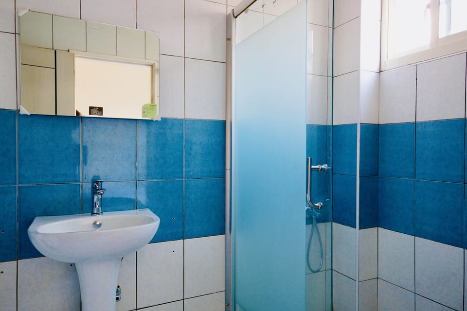 Shower, rainfall showerhead, hair dryer, towels