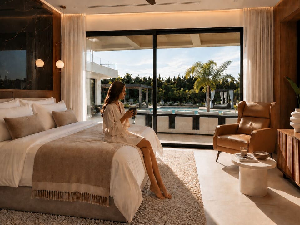 Bedroom 1 - Wake up to the pool and gardens from your private suite