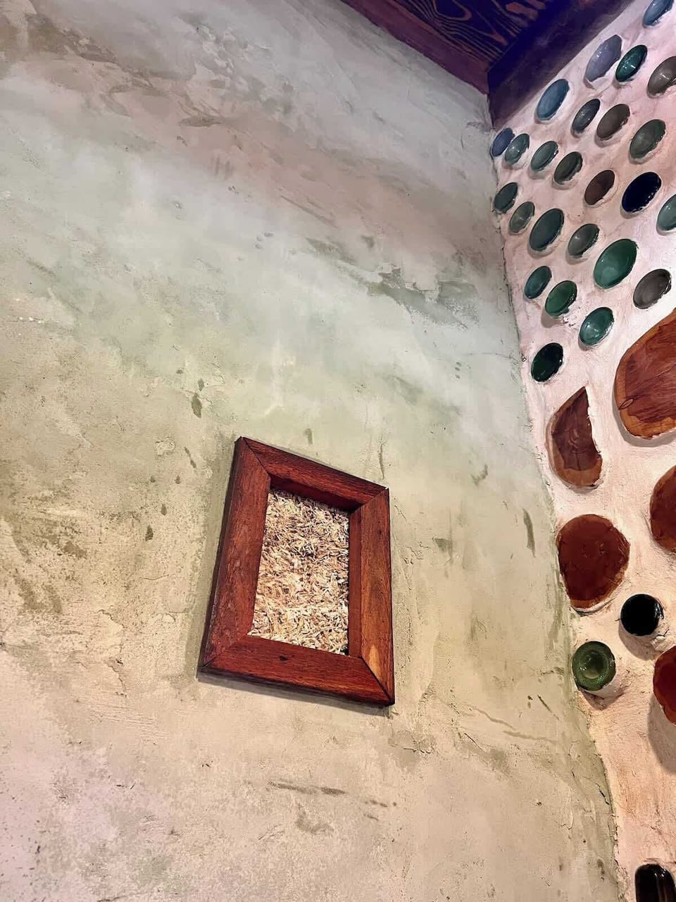"Truth window" - this wall is constructed of hempcrete (hemp fibers and lime)