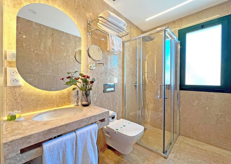 Habitación Doble con Salón | Bathroom | Shower, rainfall showerhead, hair dryer, towels