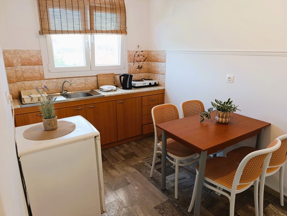 Family Apartment | Private kitchen | Full-size fridge, stovetop, electric kettle, highchair