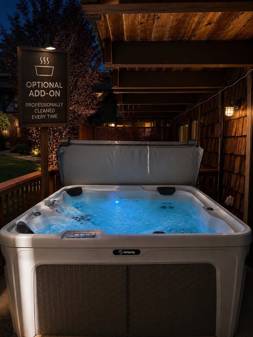 Hot tub available as an add-on for $70 per stay. It`s separate so guests who don`t plan to use it aren`t paying in the nightly rate. The fee covers a professional company that sanitizes and prepares it just for you to ensuring its fresh and hygienic.