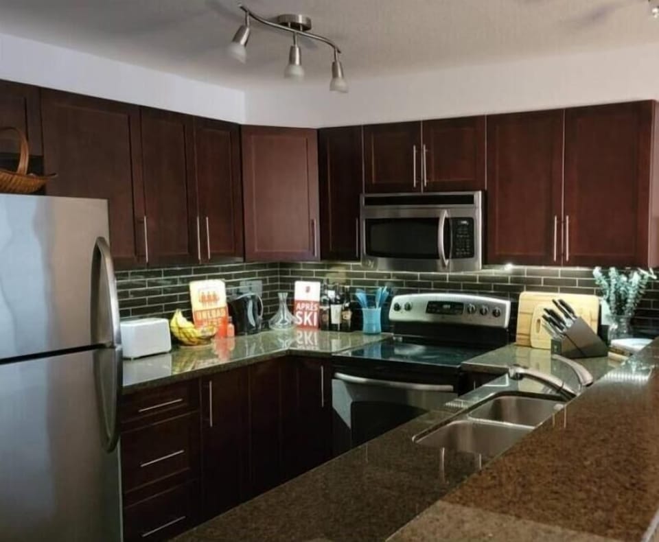 Fully stocked kitchen with Keurig coffee maker