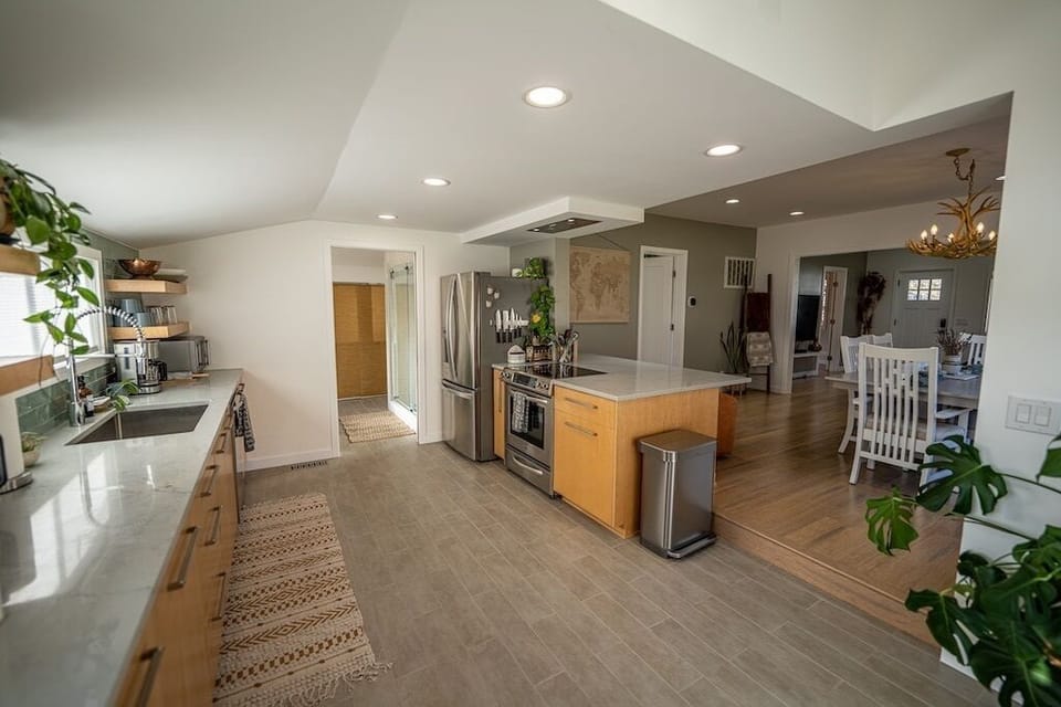 Step down into the kitchen and bathroom - lots of space to enjoy making meals