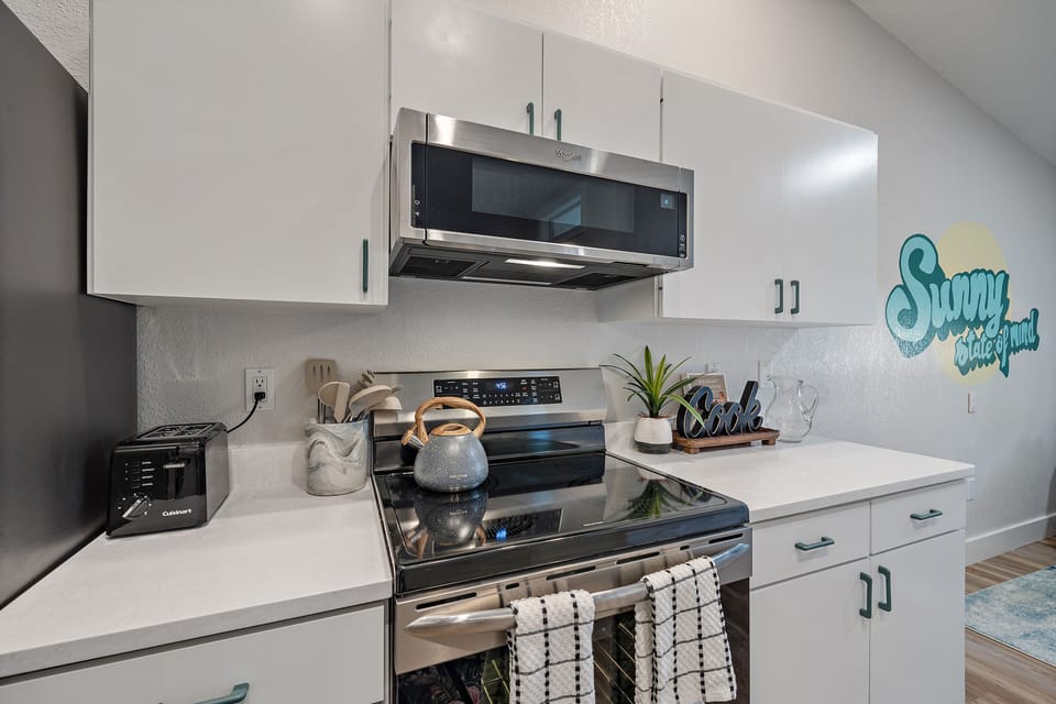 The kitchen is fully-stocked with all of your cooking and baking needs!