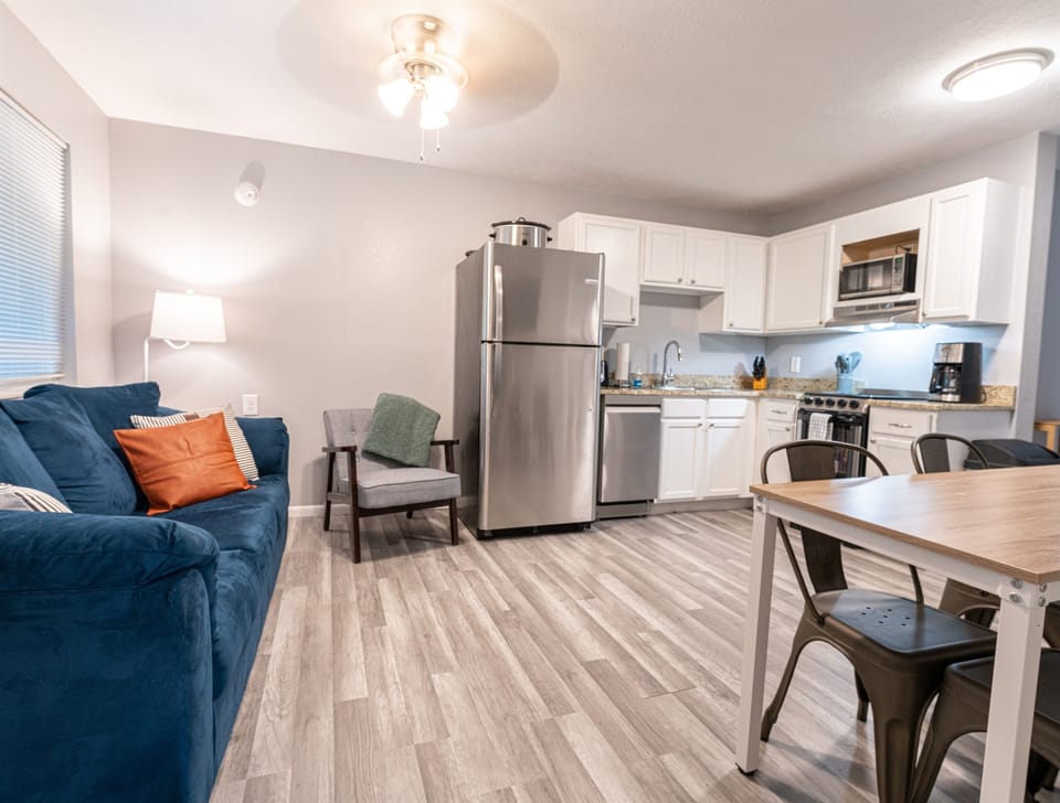 Kitchen, dining, and living area
