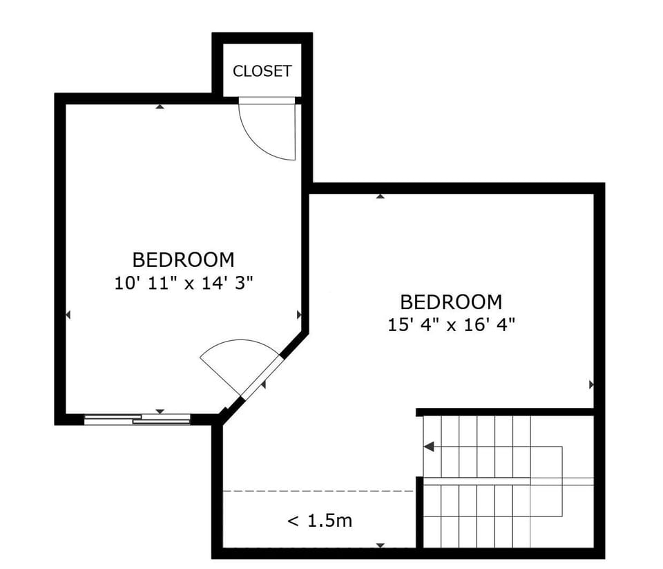 A floor plan of the second floor featuring two bedrooms, one with a closet. The dimensions are 10' 11" x 14' 3" and 15' 4" x 16' 4". Stairs are located at the bottom right corner of the plan.