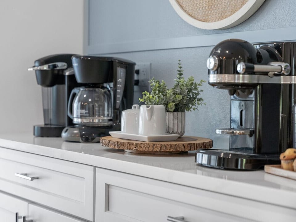 For the Coffee lovers, we provide a drip coffee pot, nespresso machine and Keurig.  Coffee, K-Cups, Nespresso Pods are all provided for you. Including sugar and sweeteners.