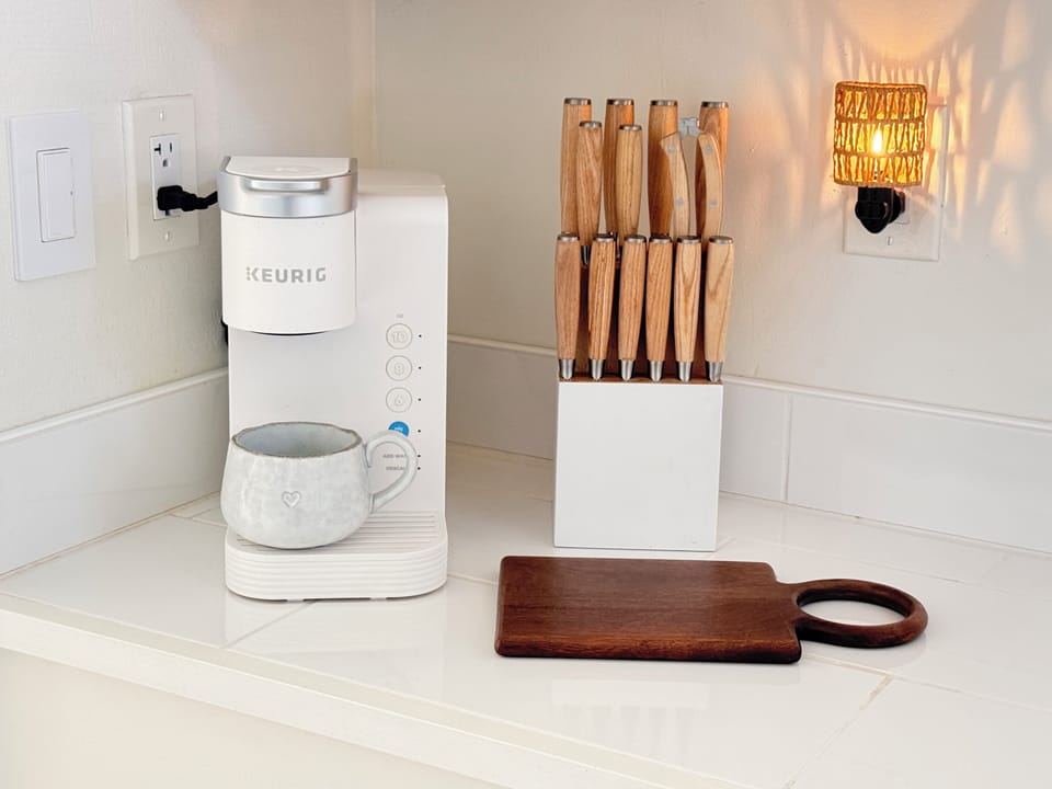 Keurig and coffee pods and everything you need in the kitchen