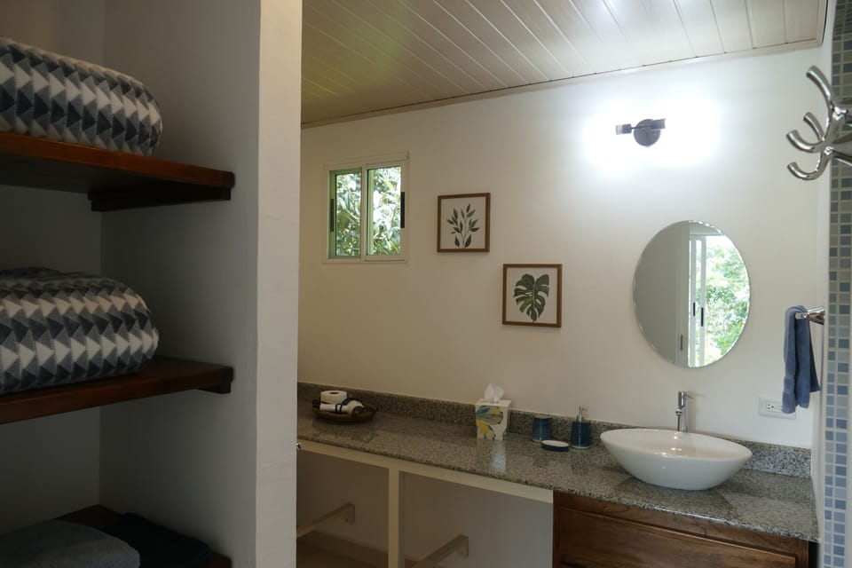 Panoramic Bungalow | Bathroom | Shower, rainfall showerhead, hair dryer, towels