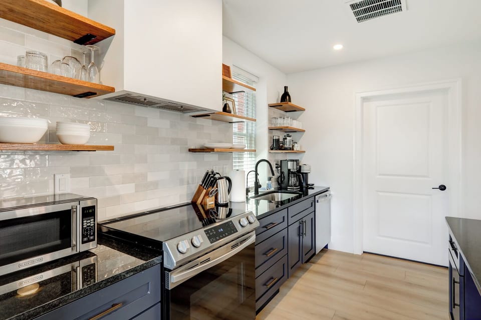 Drip coffee/K-cup machine, tea kettle, french press, Nespresso Vertuo machine. 
