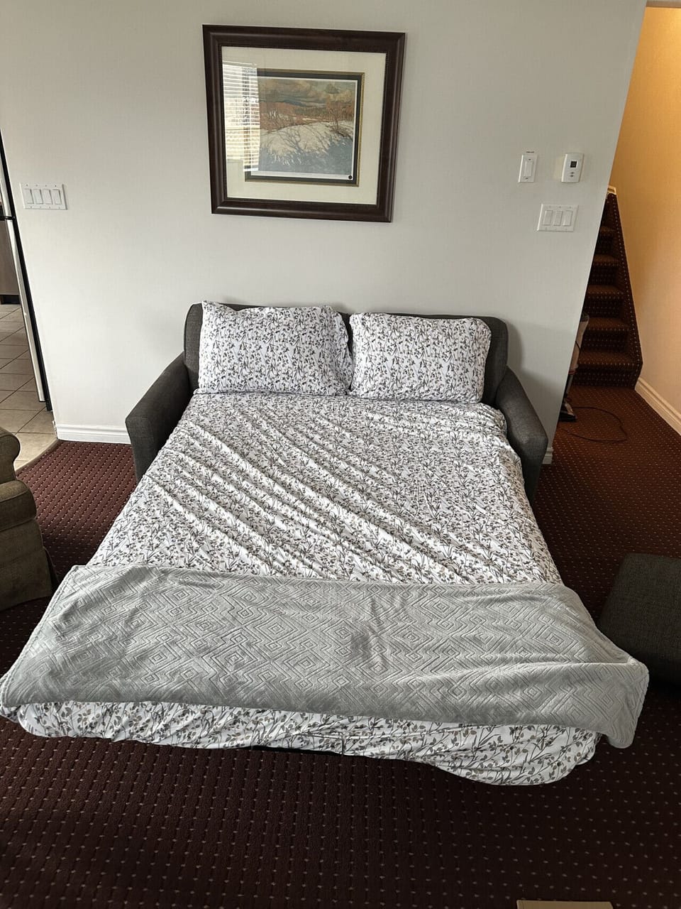 Pull out couch, linens are in the living room closet